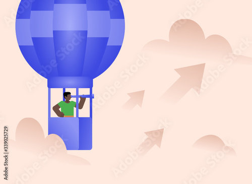 Businessman travelling in air balloon and looking forward with spyglass. Business growth planning concept. Poster for social media, web page, banner, presentation. Flat design vector illustration