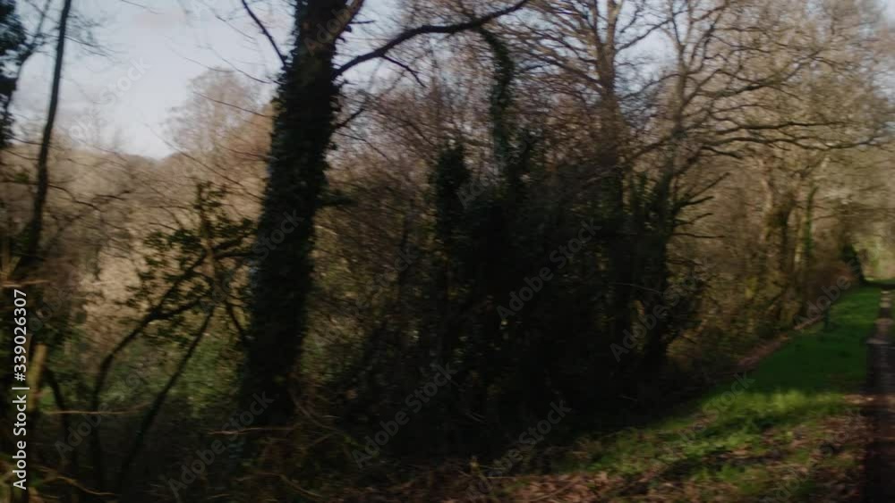 POV Walking Past Trees With Pan Right Reveal of Public Footpath Near Nantes Brest Canal. Follow Shot POV Walking Past Trees With Pan Right Reveal of Public Footpath Near Nantes Brest Canal. Follow Shot