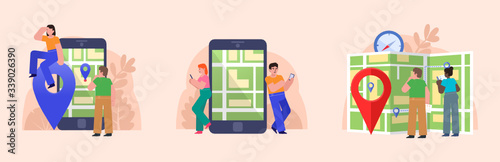 Geo location, digital map in phone. Group of people stand near big phone with map. Flat design vector illustrations for social media, web page, banner, presentation