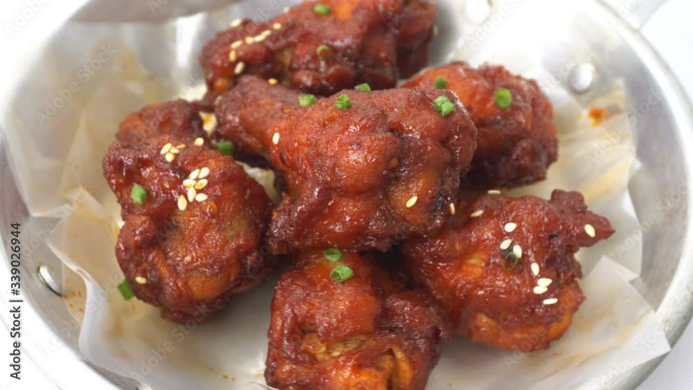 Chicken Drumstick Marinated in Korean Sauce Pan in Silver Color Chicken Drumstick Marinated in Korean Sauce Pan in Silver Color