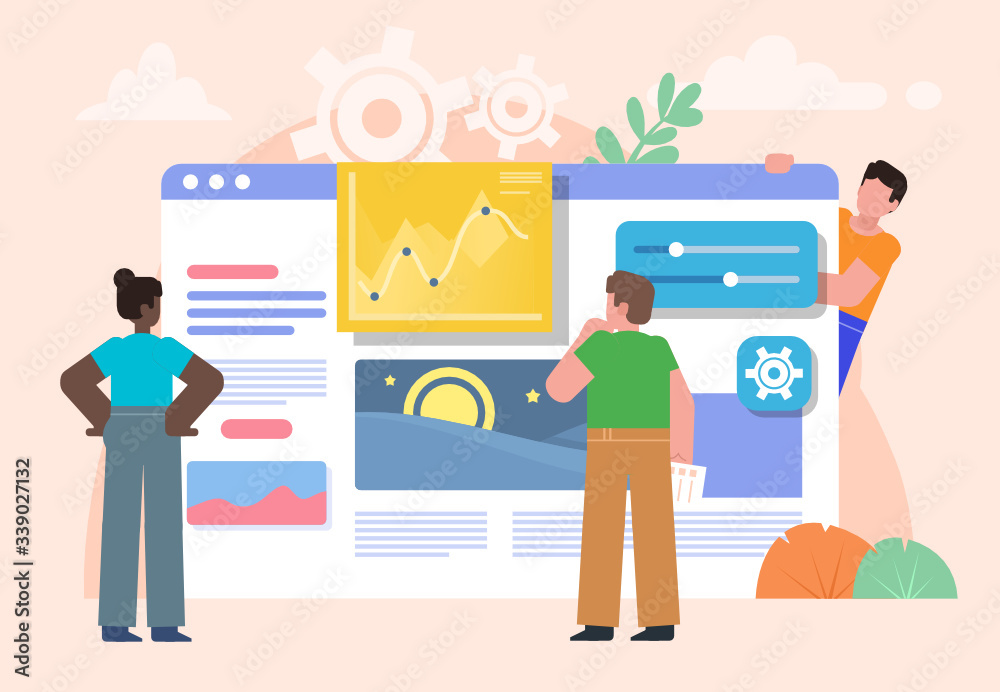 Web site or app development process. Group of people or team stand near big web page or application window. Poster for social media, web page, banner, presentation. Flat design vector illustration