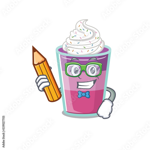 A brainy student cocktail jelly cartoon character with pencil and glasses
