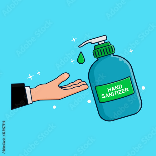 Hand sanitizers. Alcohol rub sanitizers kill most bacteria, fungi and stop some viruses such as coronavirus. Hygiene product. Using Sanitizer Illustration. Covid-19 spread prevention. Health Icon