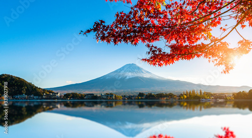 Colorful autumn season and Mountain Fuji with red leaves at lake Kawaguchiko in Japan © Somsak