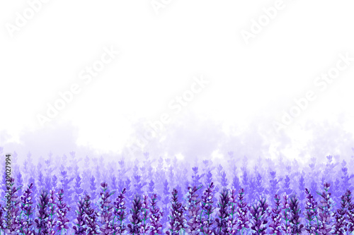 Endless field of lavender flowers with lilac fog on a white background. Hand drawn watercolor. Copy space.