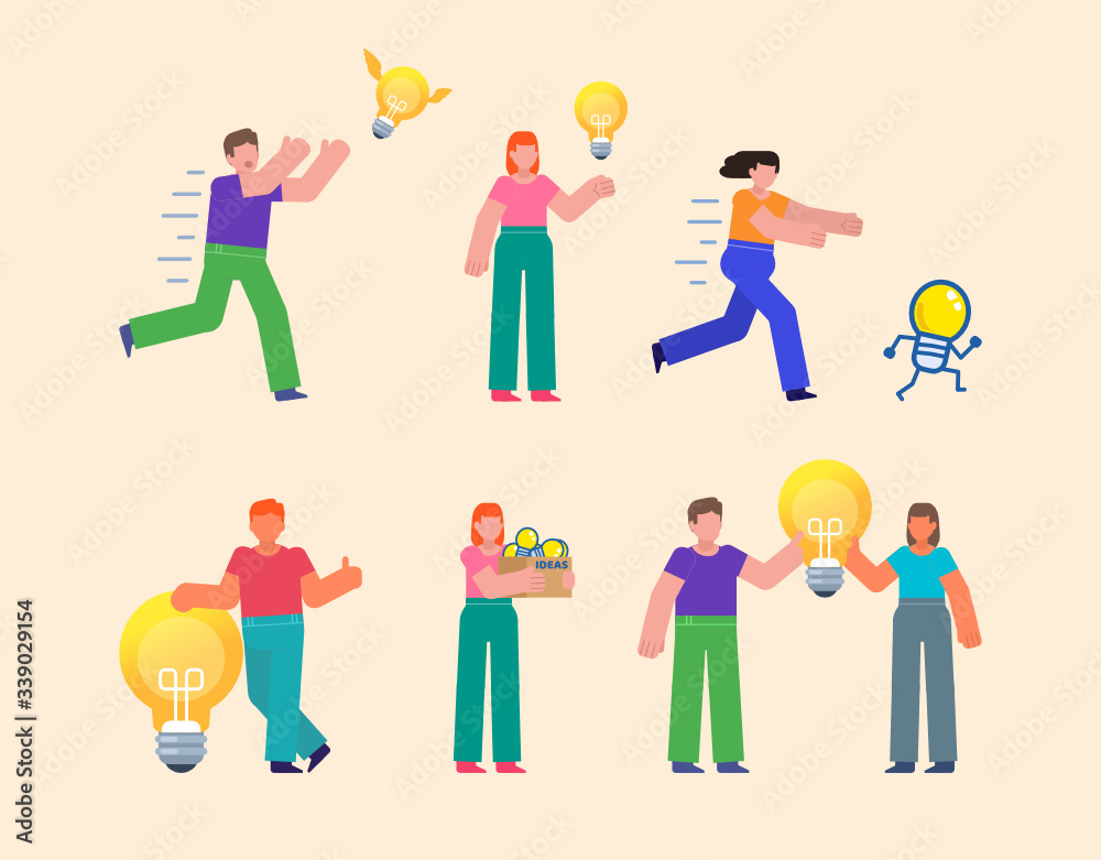 Set of people pose with idea light bulb. Brainstorm, chase for dreams, creative or successful startup concept. Flat design vector illustration
