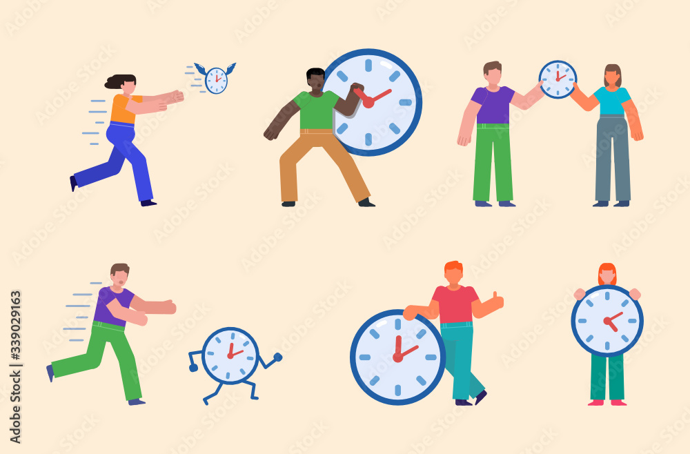 Fototapeta premium Set of people pose with watches, clocks. Time management concept. Hurry, waste or value your time. Flat design vector illustration