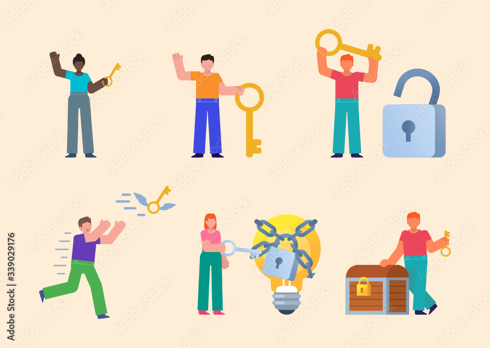 Set of people pose with keys. Find key, solution to problem, idea or treasure chest. Flat design vector illustration Set of people pose with keys. Find key, solution to problem, idea or treasure chest. Flat design vector illustration