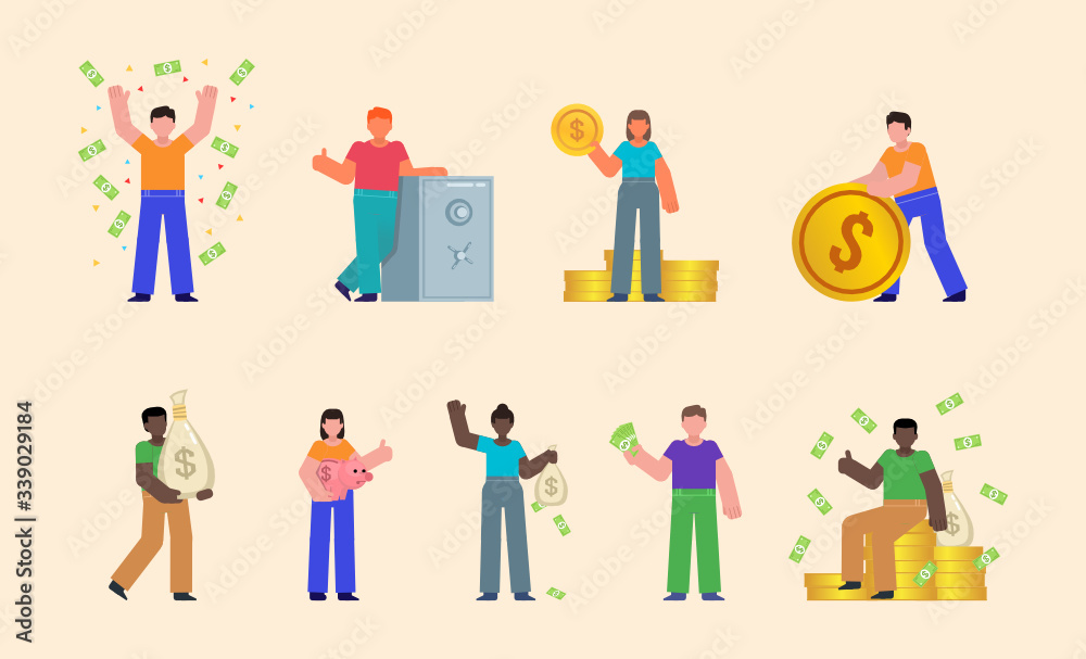 Set of people pose with money, cash, coins. Wealth, become rich or win lottery concept. Flat design vector illustration