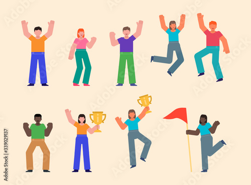 Set of people celebrating victory  jump  pose with golden cup. Win or take first place concept. Flat design vector illustration