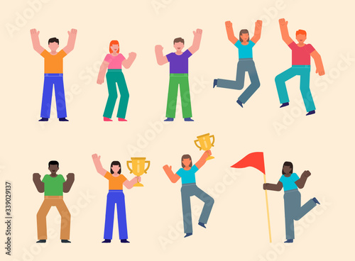 Set of people celebrating victory, jump, pose with golden cup. Win or take first place concept. Flat design vector illustration