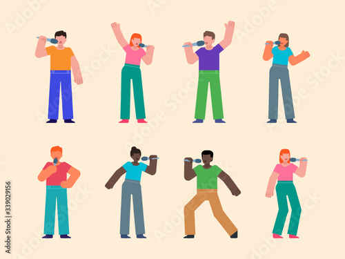 Set of people posing with microphone, karaoke singing. Man and woman on the stage singing, celebrating. Flat design vector illustration