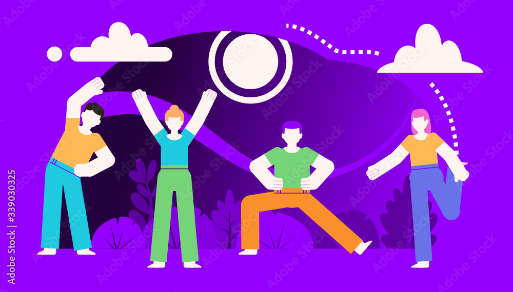 Group of people doing stretching, physical exercises. Poster for social media, web page, banner, presentation. Violet design vector illustration Group of people doing stretching, physical exercises. Poster for social media, web page, banner, presentation. Violet design vector illustration