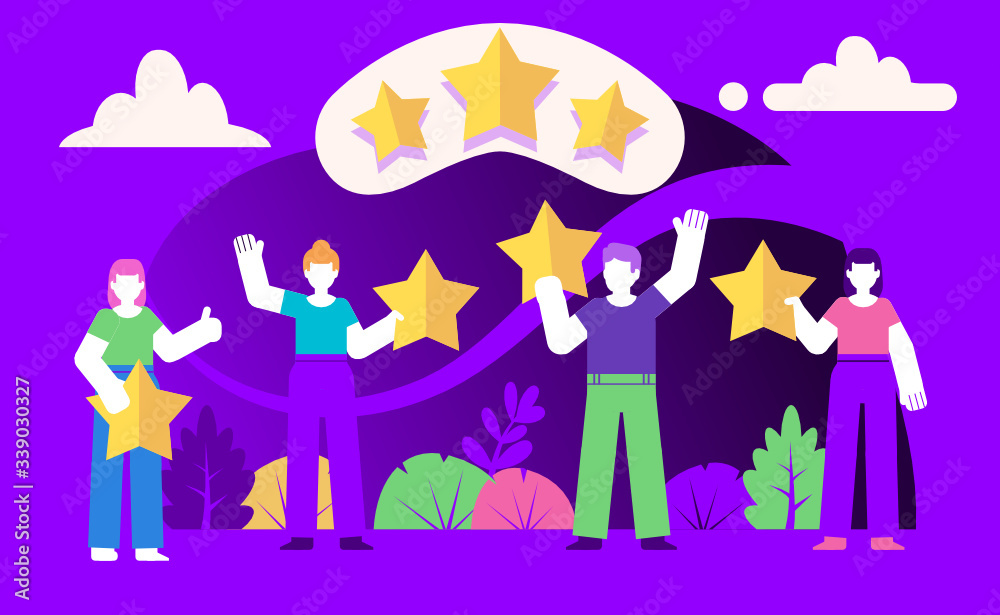 Online review, website feedback, user rating. Group of people hold rating stars. Poster for social media, web page, banner, presentation. Violet design vector illustration Online review, website feedback, user rating. Group of people hold rating stars. Poster for social media, web page, banner, presentation. Violet design vector illustration