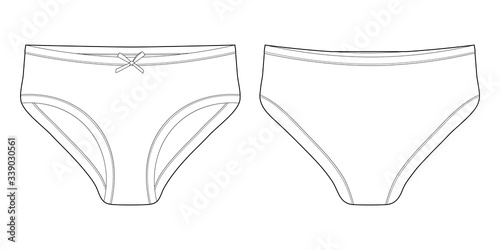 Technical sketch of briefs for girls. Childrens knickers. Lady lingerie. Female white underpants.
