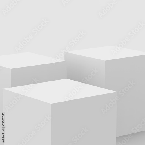 3d gray white cube and box podium .. minimal scene studio background. Abstract 3d geometric shape object illustration render. Display for online business product.