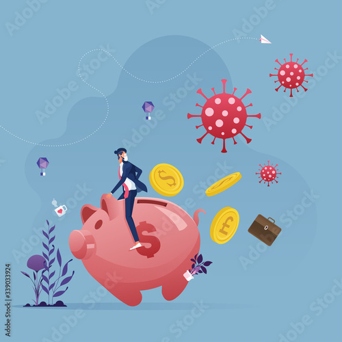 Businessman ride piggy bank runaway from corona virus and coins splattered-Business vector concept