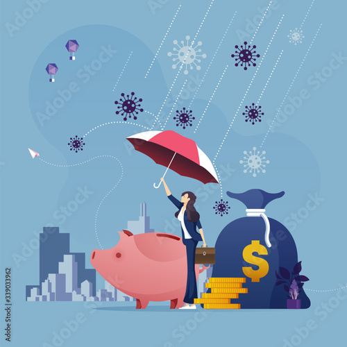 Businesswoman with umbrella protecting money from corona virus attack-Business financial crisis concept