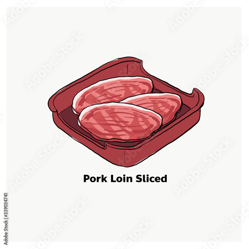 Pork Loin sliced on red plate,pork meat for Japanese grill, korean grill, thai pan bbq grill. Drawing illustration vector.