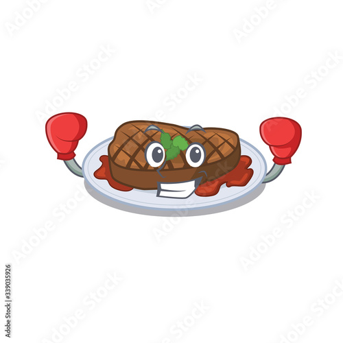A sporty boxing athlete mascot design of grilled steak with red boxing gloves