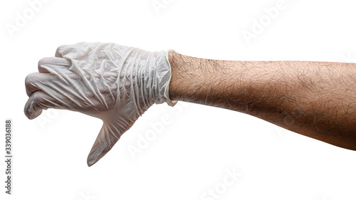 Doctor hand holding something like a bottle or can isolated.