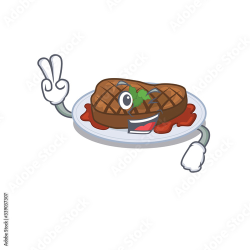 Happy grilled steak cartoon design concept with two fingers