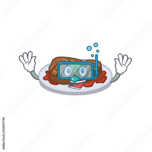 Grilled steak mascot design concept wearing diving glasses