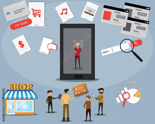 The entrepreneur is using big data for focus the customers’ behavior, Flat design concept of data analytic with flat icons,vector illustration