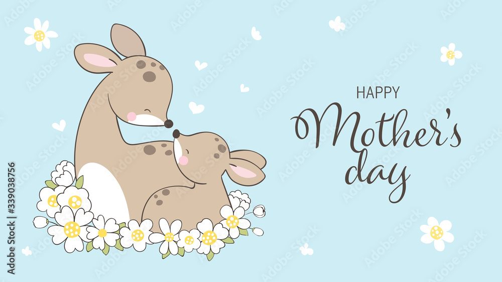 Draw banner deer and baby with beauty flower.For mother'day.