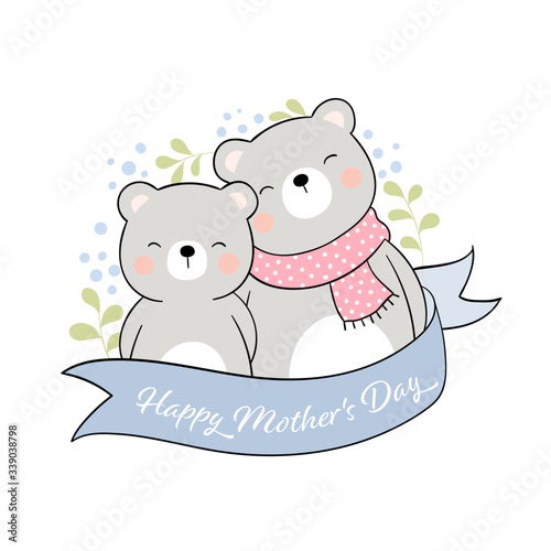 Draw bear and baby with blue ribbon.For mother'day.