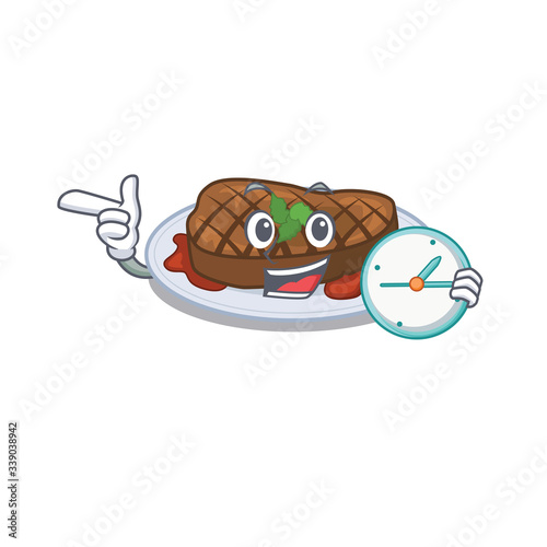 Grilled steak mascot design concept smiling with clock