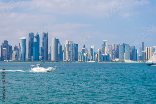 View of modern skyscrapers and west bay in Doha, Qatar