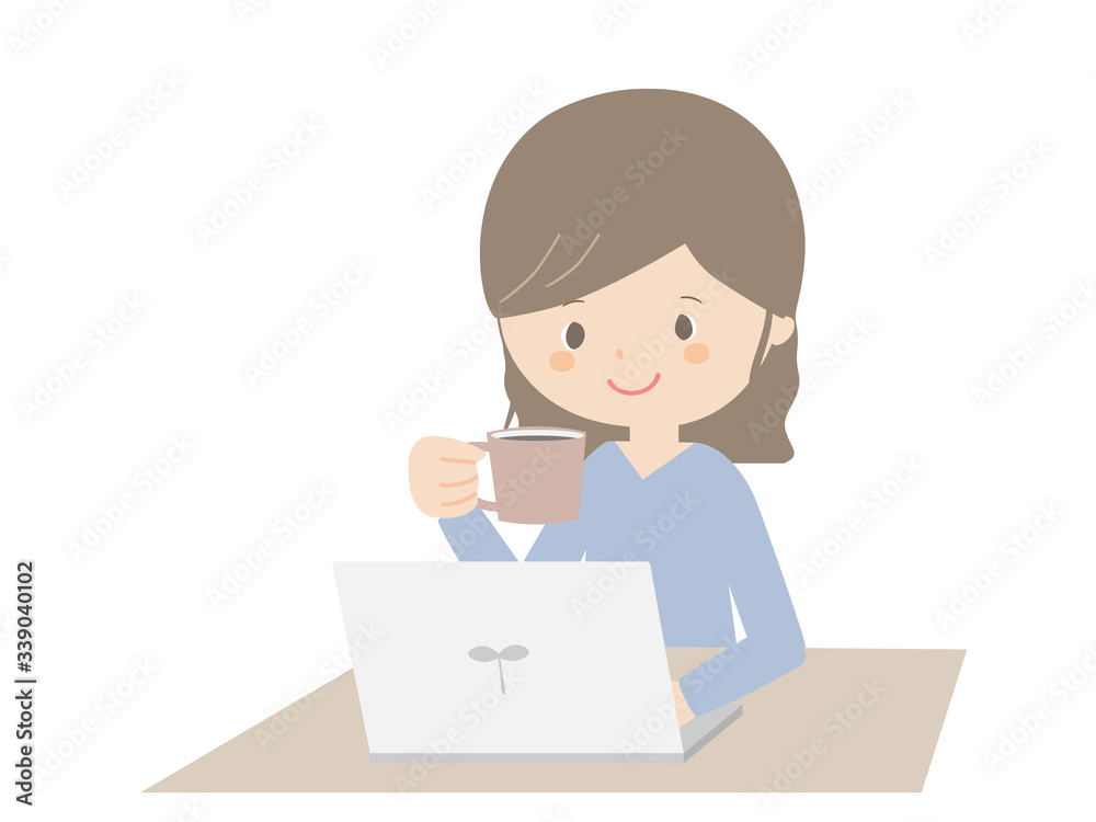 Woman drinking coffee while looking at the computer. Woman drinking coffee while looking at the computer.
