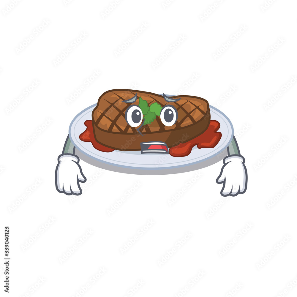 Cartoon design style of grilled steak showing worried face Cartoon design style of grilled steak showing worried face