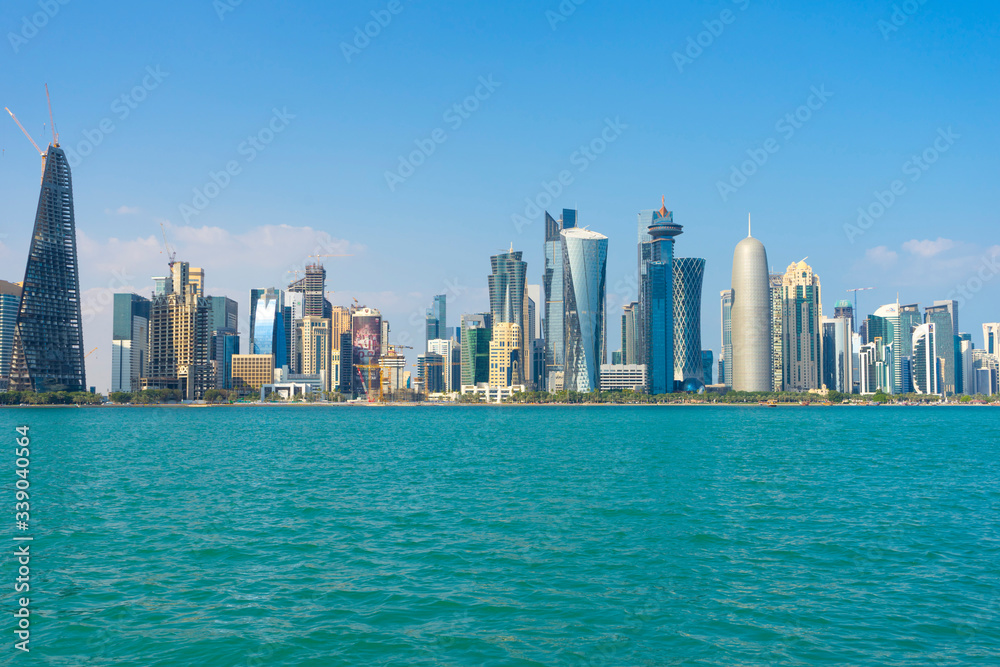 View of modern skyscrapers and west bay in Doha, Qatar