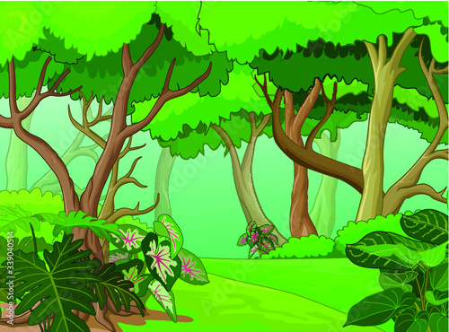 Beautiful Landscape Forest View With Trees and Ivy Plants Cartoon