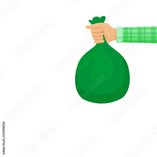 bag waste green in hand isolated on white background, hand holding green plastic trash bag, illustration bags garbage waste in hand, plastic bags bin of garbage for disposal and copy space