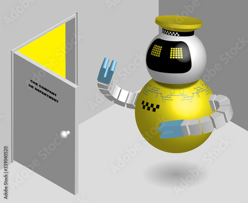 Isometric. Robot taxi driver came to get a job in a taxi park. Technologies of the future. Professions at risk of unemployment due to robotization. Vector