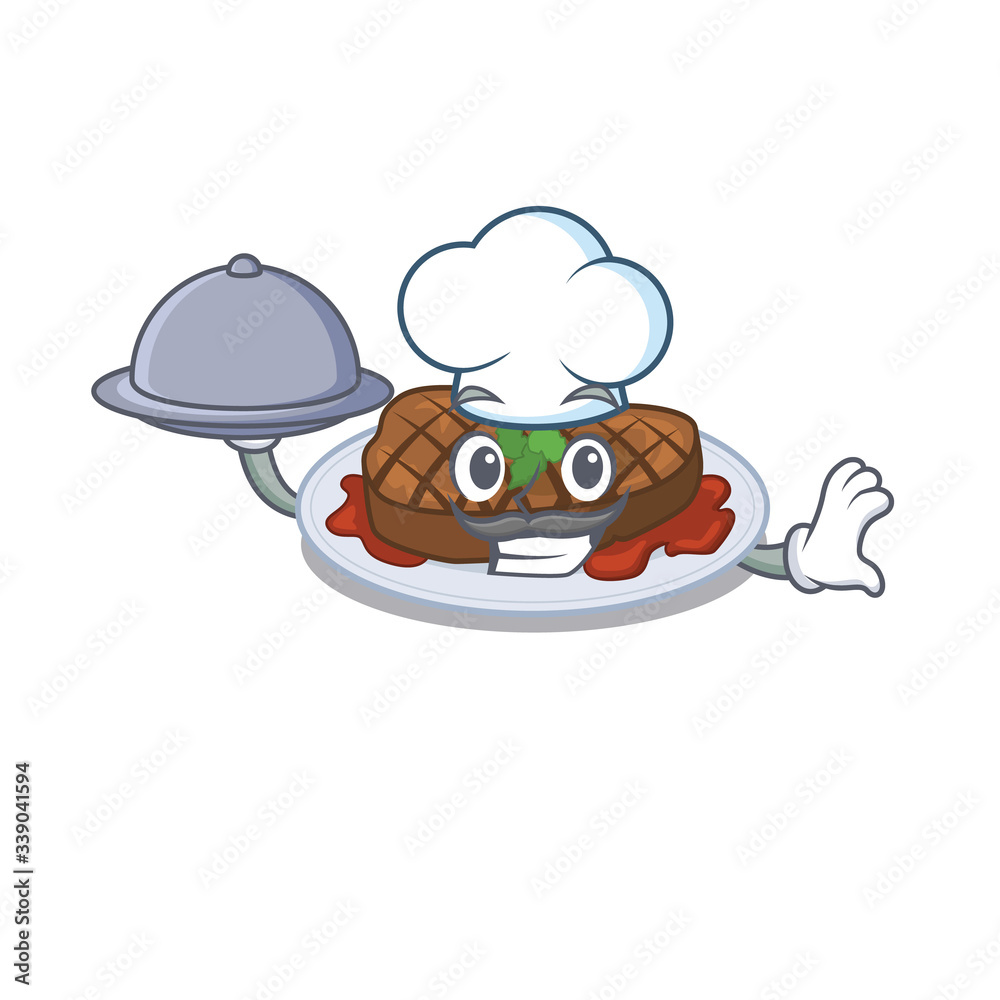 grilled steak chef cartoon character serving food on tray grilled steak chef cartoon character serving food on tray