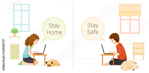Man And Woman Stay Home, Stay Safe Sitting With Dog And Cat, Social Distancing, Works From Home With Laptop, Learn, Shopping At Home, Self Isolation, Protection Themselves From Coronavirus, Covid-19
