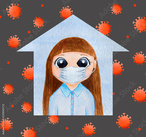  Girl, brunette in a protective mask. On a rarantin, at home, during a pandemic. Cartoon portrait of watercolor on gray, background.
