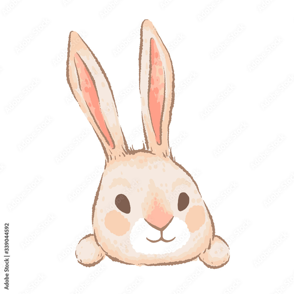 Obraz premium Cute rabbit with pink ears peeps cheerfully. Curious rabbit face. Element for easter design. Imitation of handmade watercolor