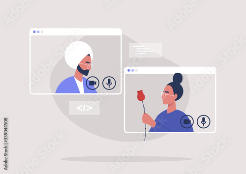 Online dating platform, modern  romance: two cisgender characters chatting via video call, millennial relationships