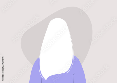 Young female character portrait, back view, millennial lifestyle, flat vector graphics