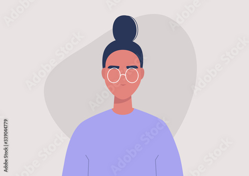 Young female character portrait, front view, millennial lifestyle, flat vector graphics