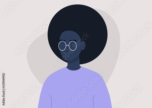 Young black female character portrait, 3/4 front view, millennial lifestyle, flat vector graphics