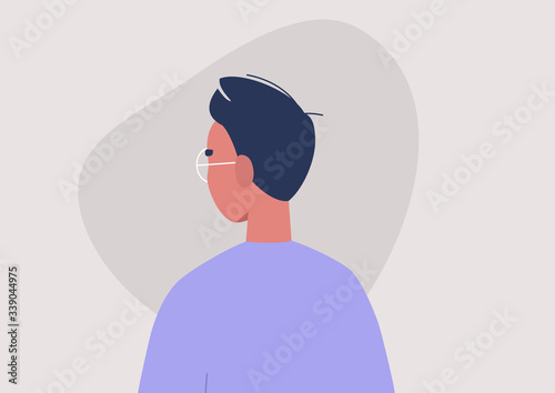 Young male character portrait, 3/4 back view, millennial lifestyle, flat vector graphics