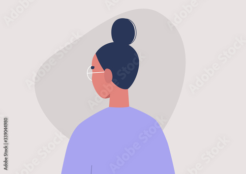 Young female character portrait, 3/4 back view, millennial lifestyle, flat vector graphics