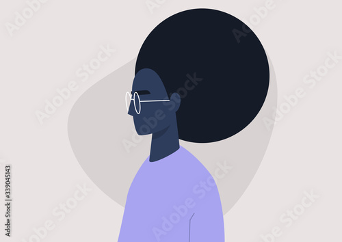 Young black female character portrait, profile view, millennial lifestyle, flat vector graphics