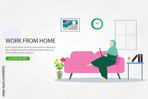 Woman in hijab with laptop sitting on sofa. Concept illustration for working, studying, education, work from home, healthy lifestyle. Can use for backgrounds and infographics. Flat design style.